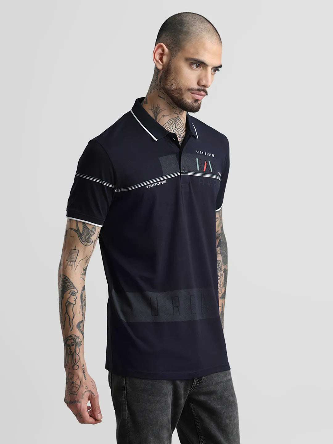 Navy Printed Polo T-Shirt