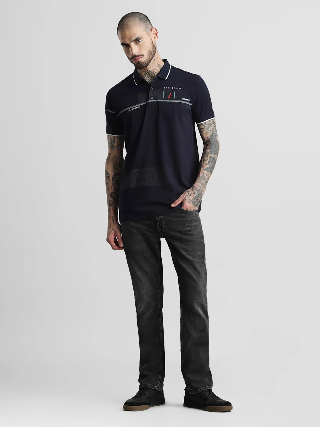 Navy Printed Polo T-Shirt