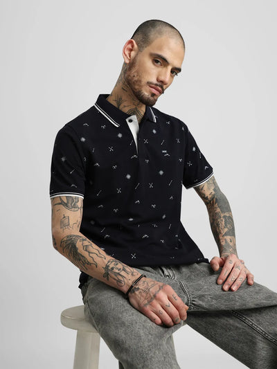 Navy Printed Polo T-Shirt