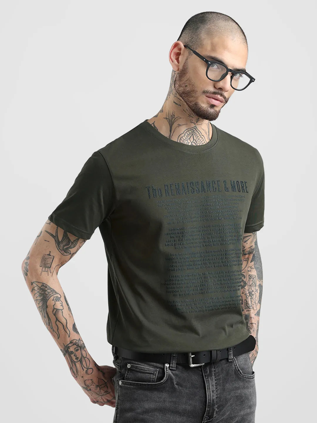 Olive Printed Round Neck T-Shirt
