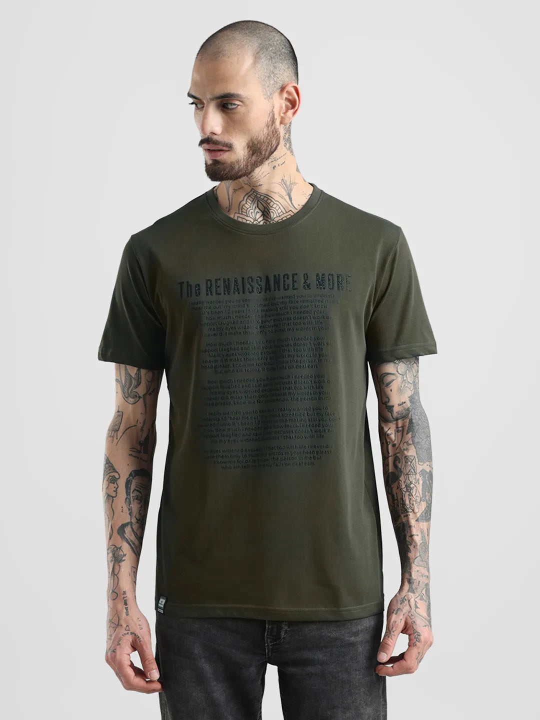 Olive Printed Round Neck T-Shirt