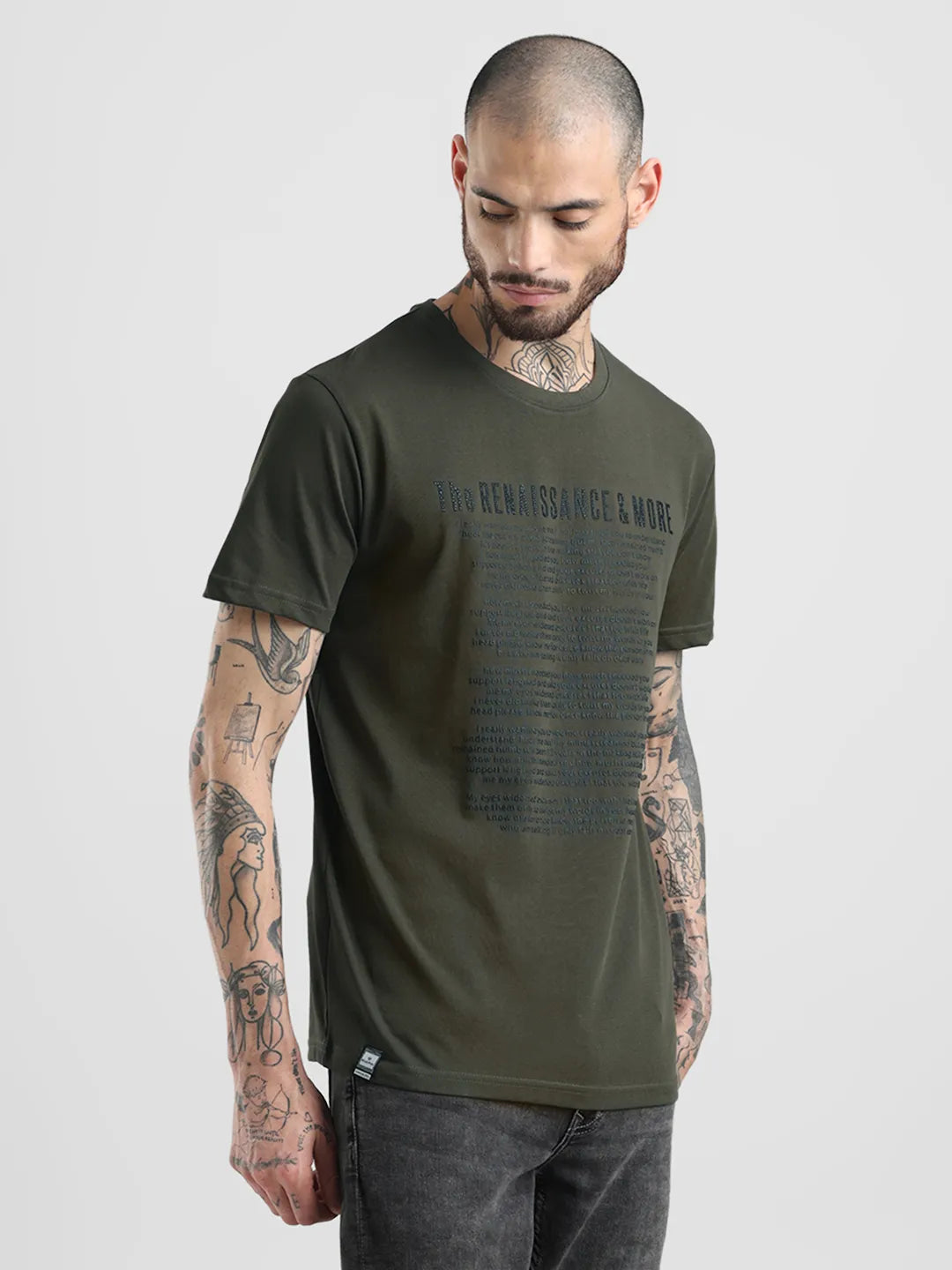 Olive Printed Round Neck T-Shirt