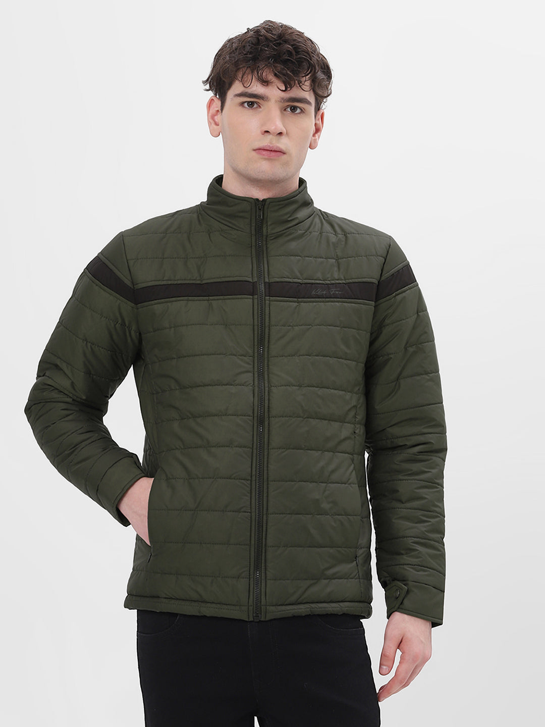 Olive & Black Colourblocked Lightweight Puffer Jacket