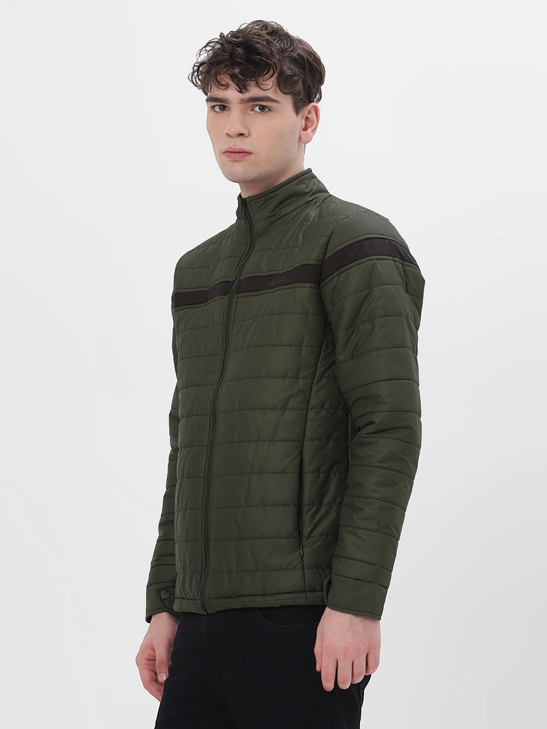 Olive & Black Colourblocked Lightweight Puffer Jacket