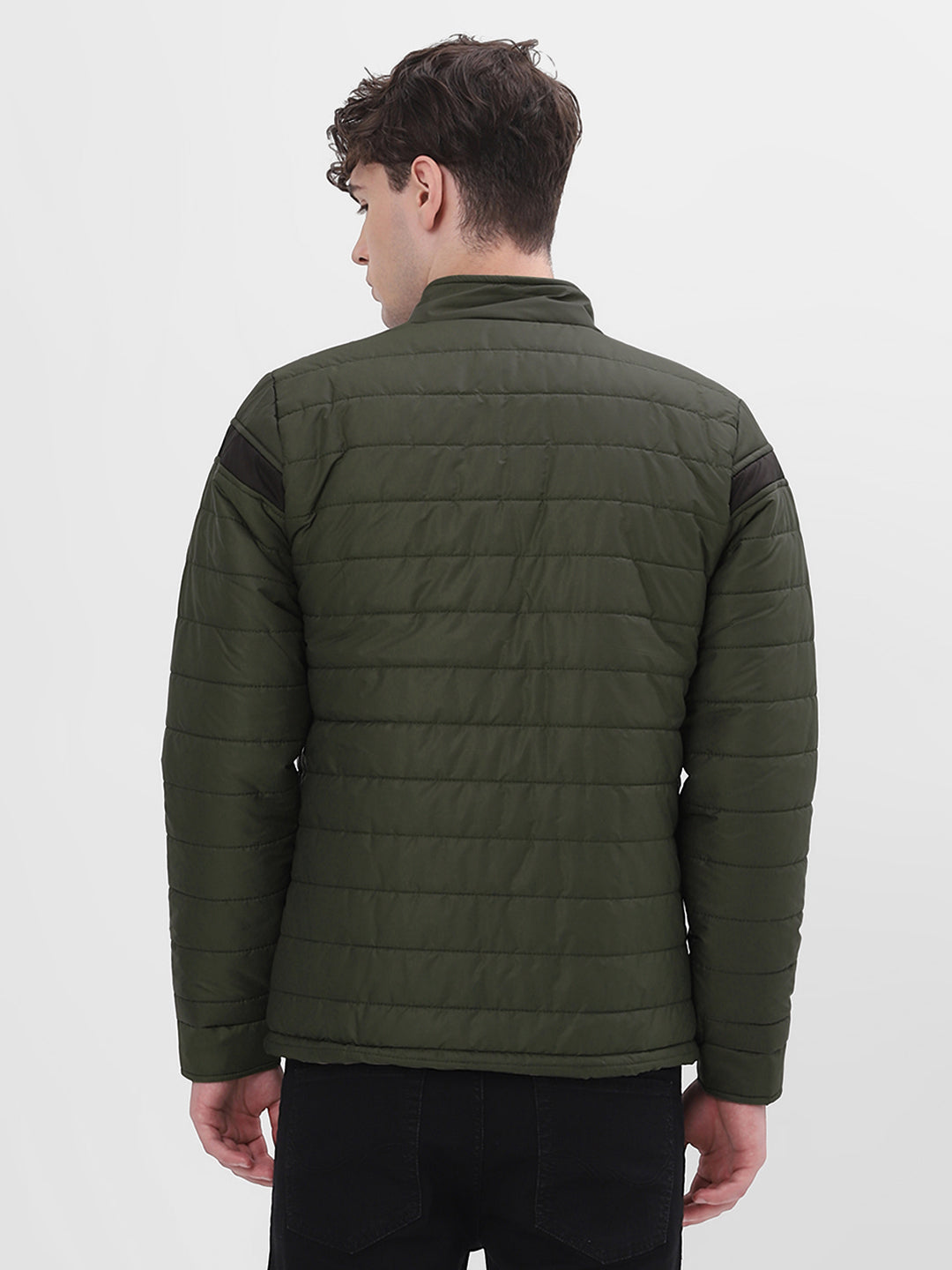 Olive & Black Colourblocked Lightweight Puffer Jacket