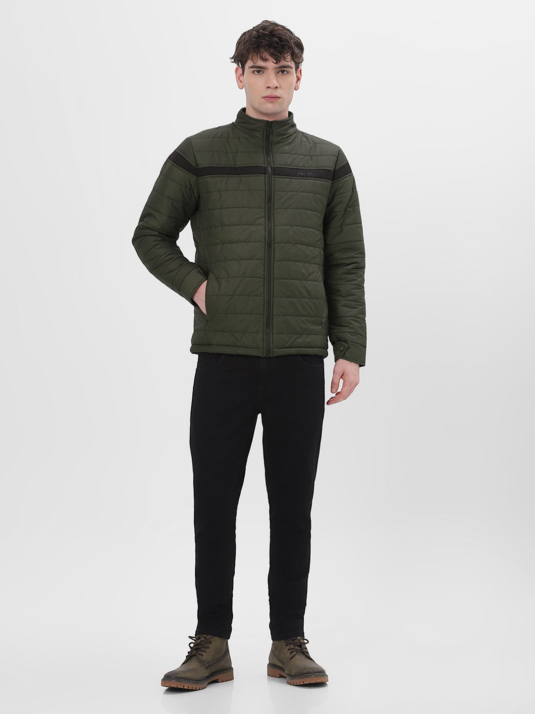 Olive & Black Colourblocked Lightweight Puffer Jacket