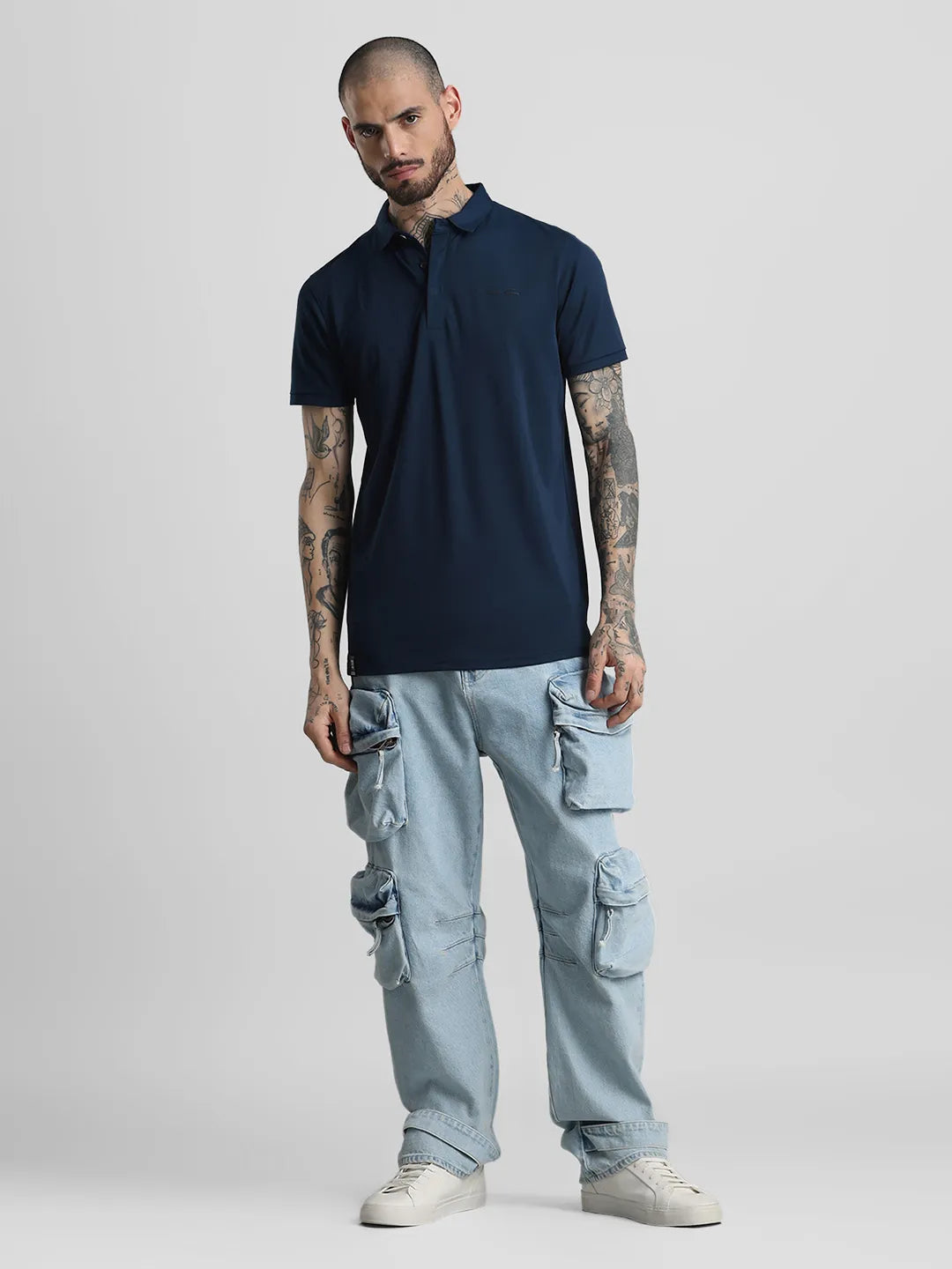 Peacock Blue Printed  Polo T-Shirt
