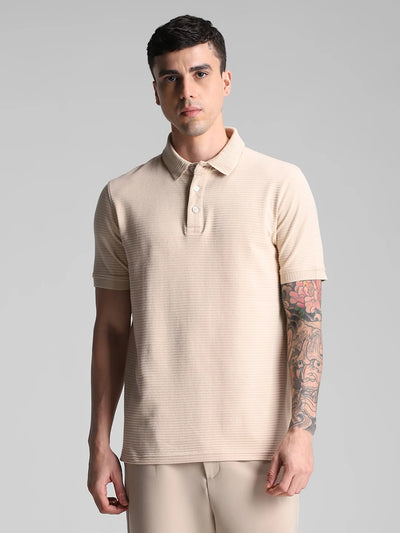 Beige Melange Solid Polo T-Shirt