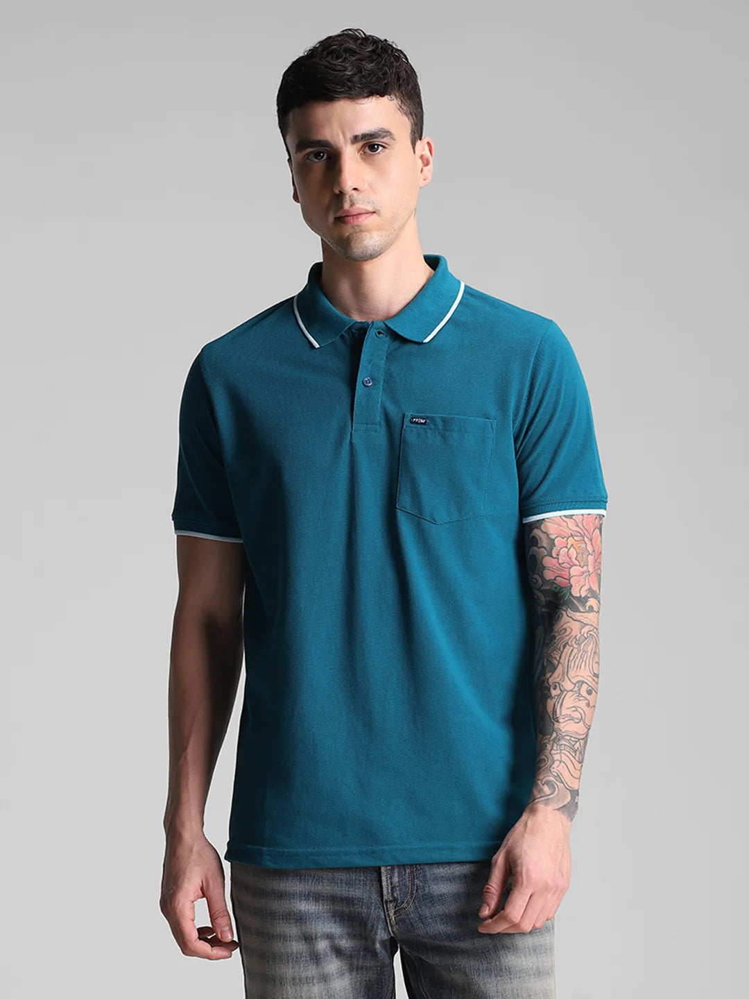 Collar Strip 505 Teal Blue Solid Polo T-shirt