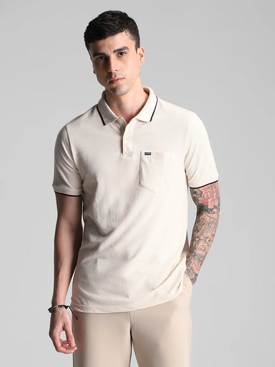 Collar Strip 505 Beige Mélange Solid Polo T-shirt