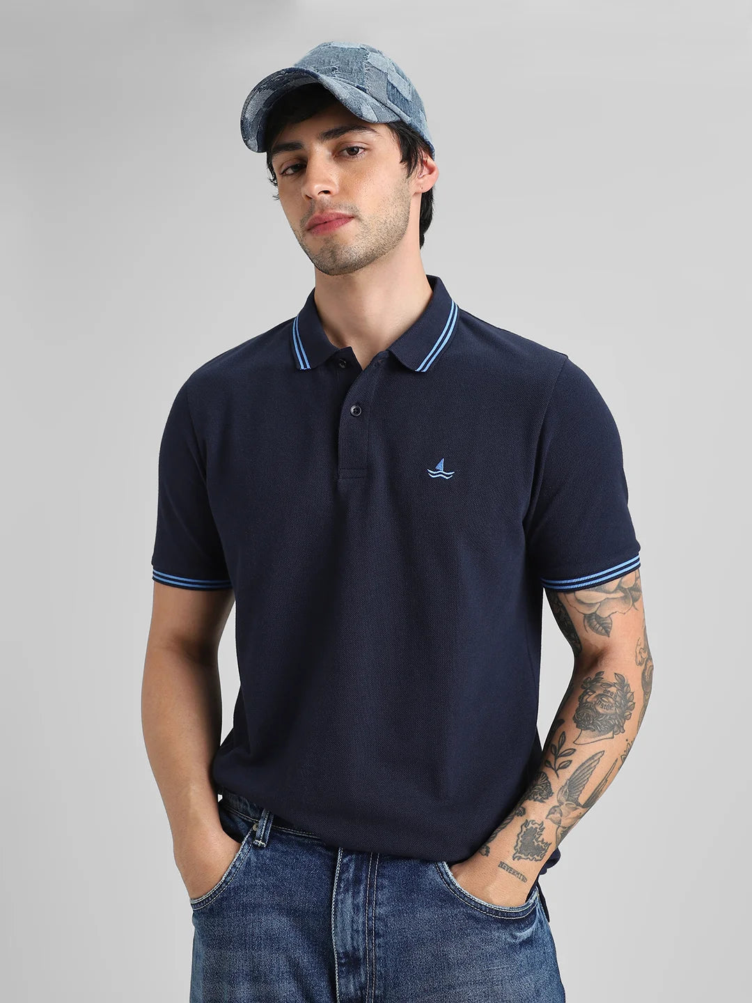 Navy Embroidered Solid Polo T-Shirt