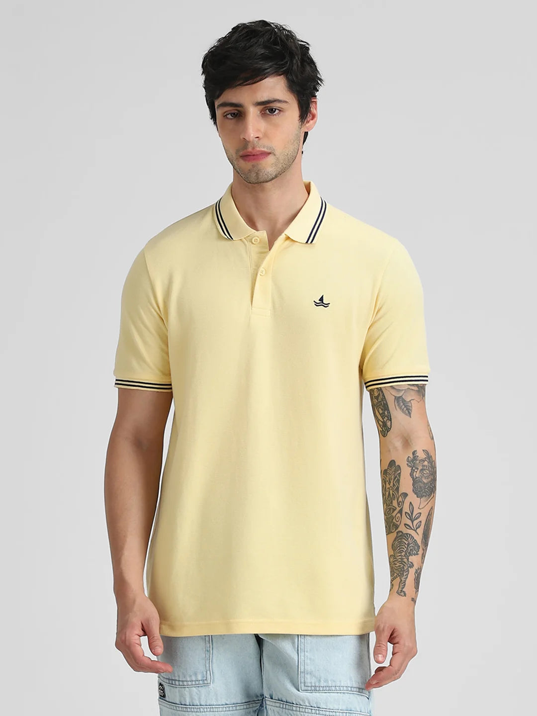 Pale Yellow Embroidered Solid Polo T-Shirt