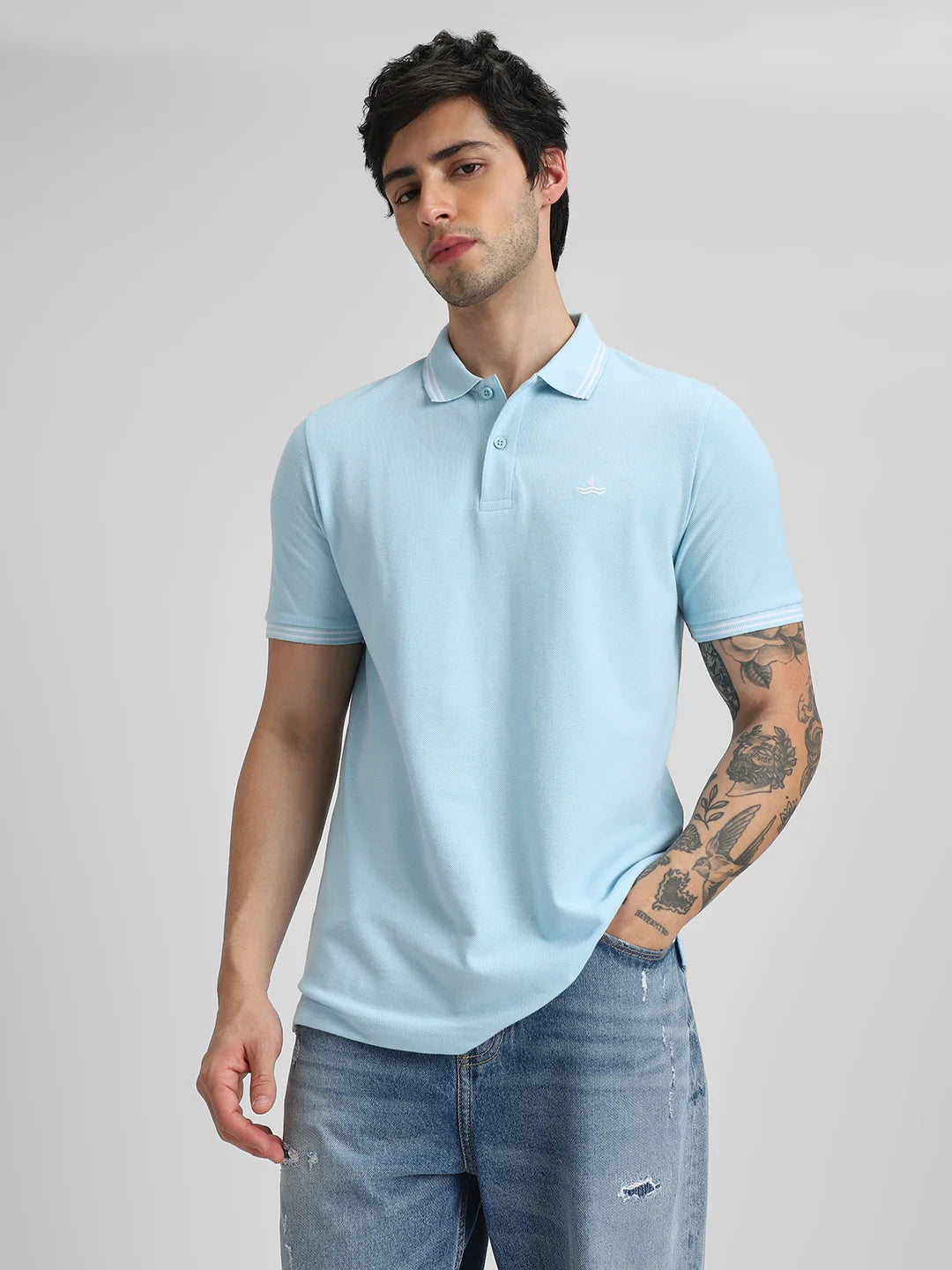 Sky Blue Embroidered Solid Polo T-Shirt