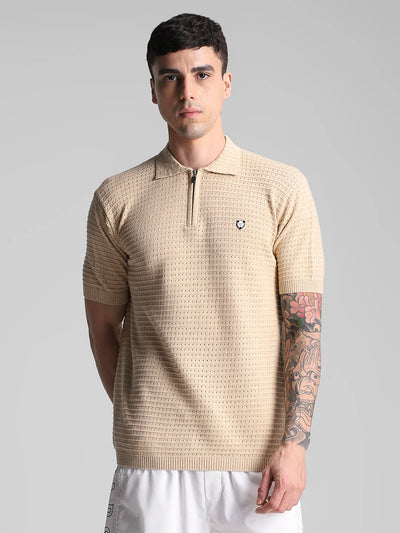 Beige Knitted Textured Polo T-Shirt