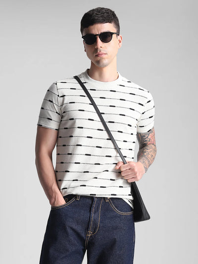 Off White Black Textured Crew Neck T-Shirt