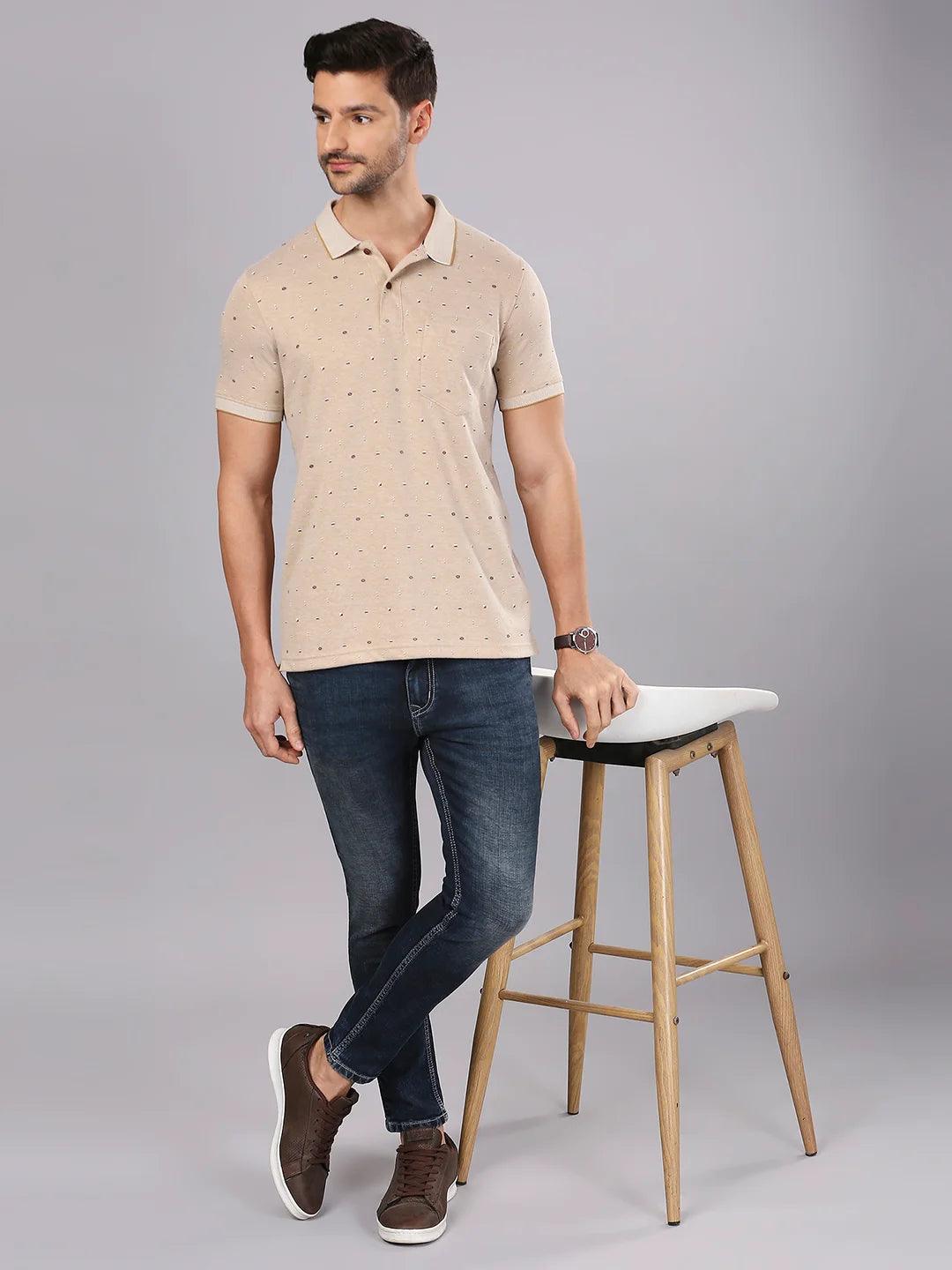 Khaki Printed Polo Regular H/S T-Shirt