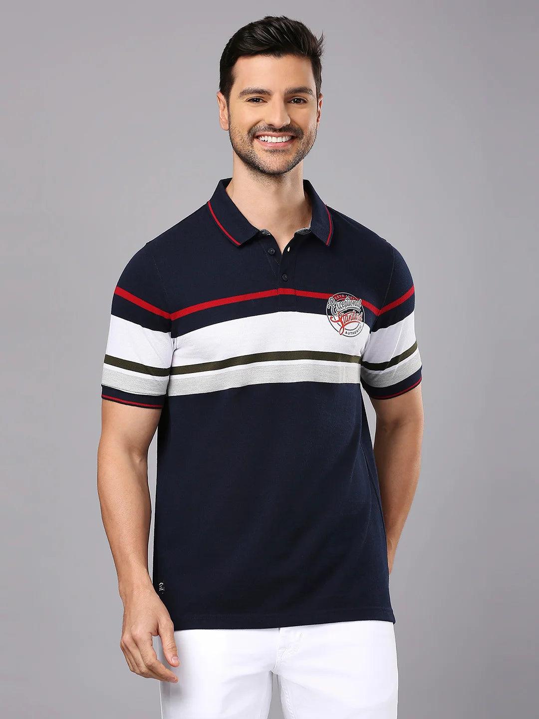 Navy Red Striped Polo Regular H/S T-Shirt