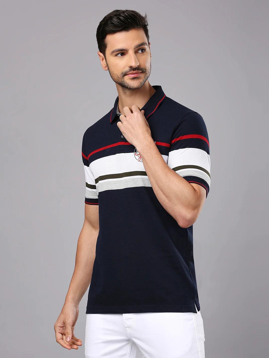 Navy Red Striped Polo Regular H/S T-Shirt