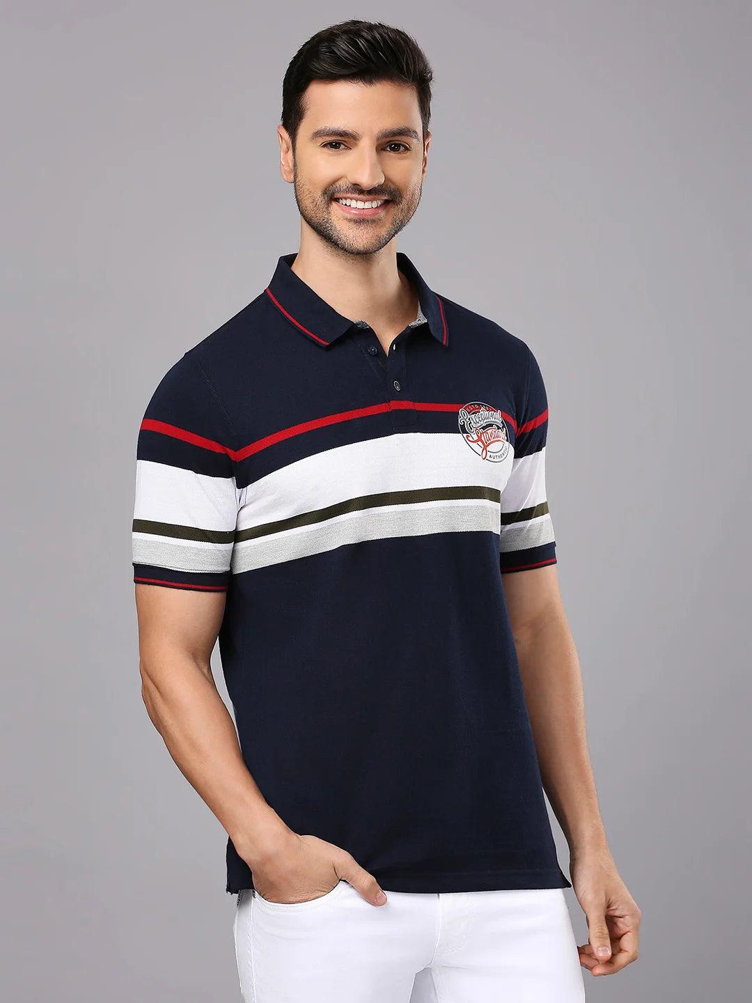 Navy Red Striped Polo Regular H/S T-Shirt