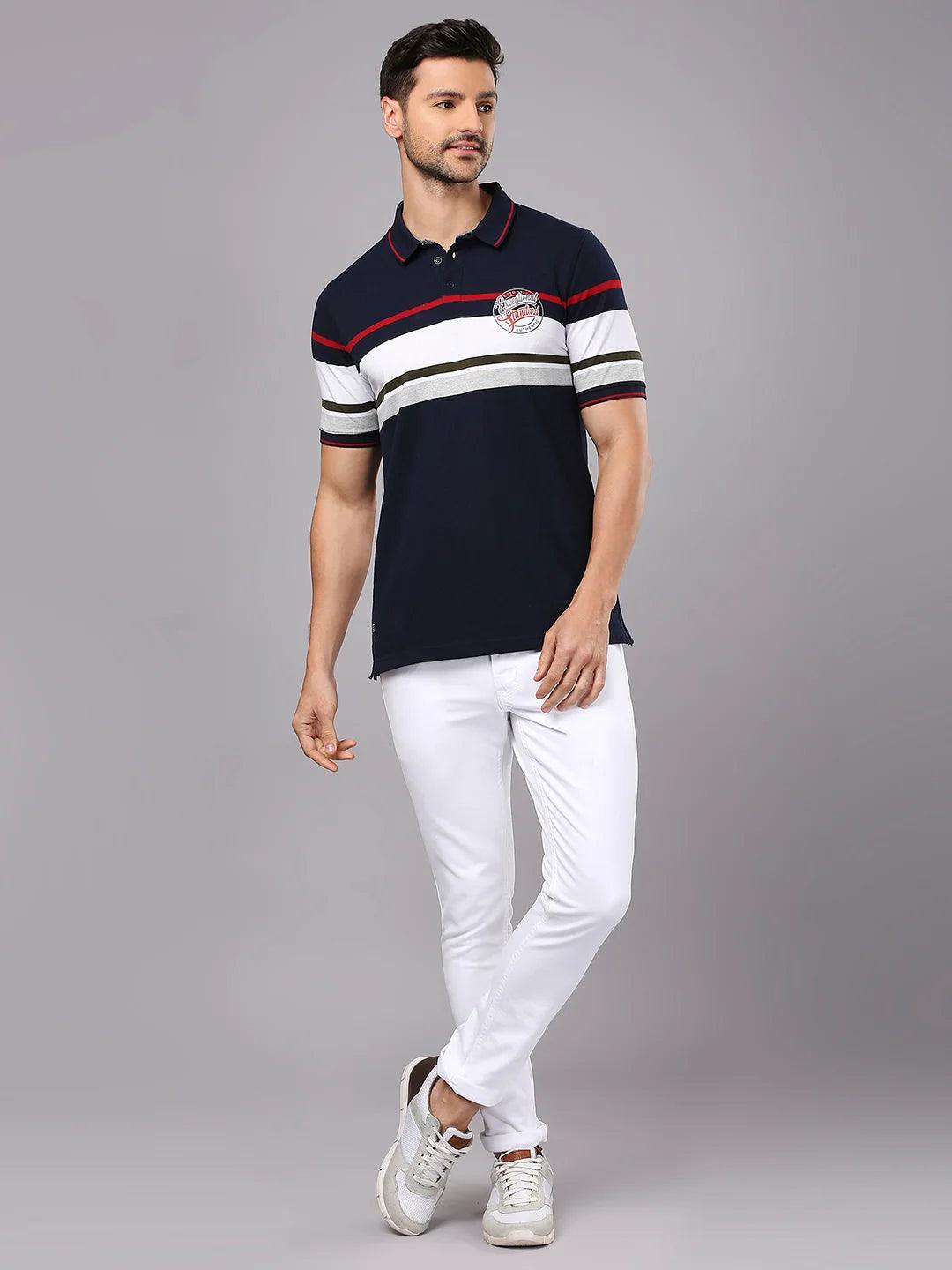 Navy Red Striped Polo Regular H/S T-Shirt