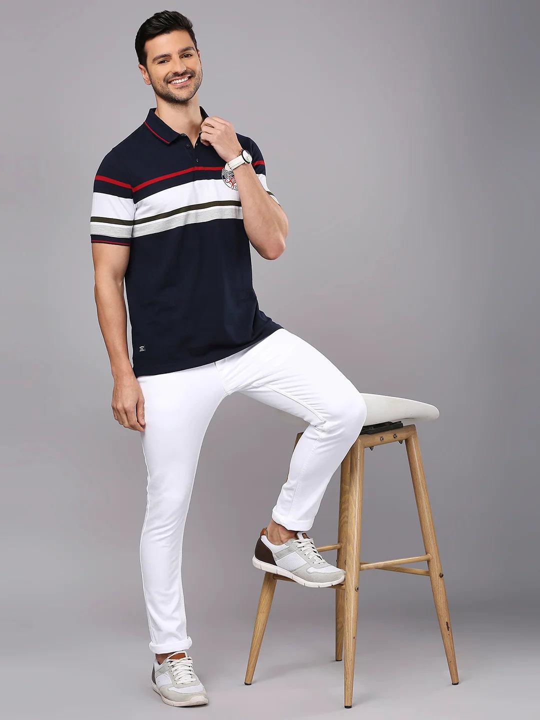 Navy Red Striped Polo Regular H/S T-Shirt