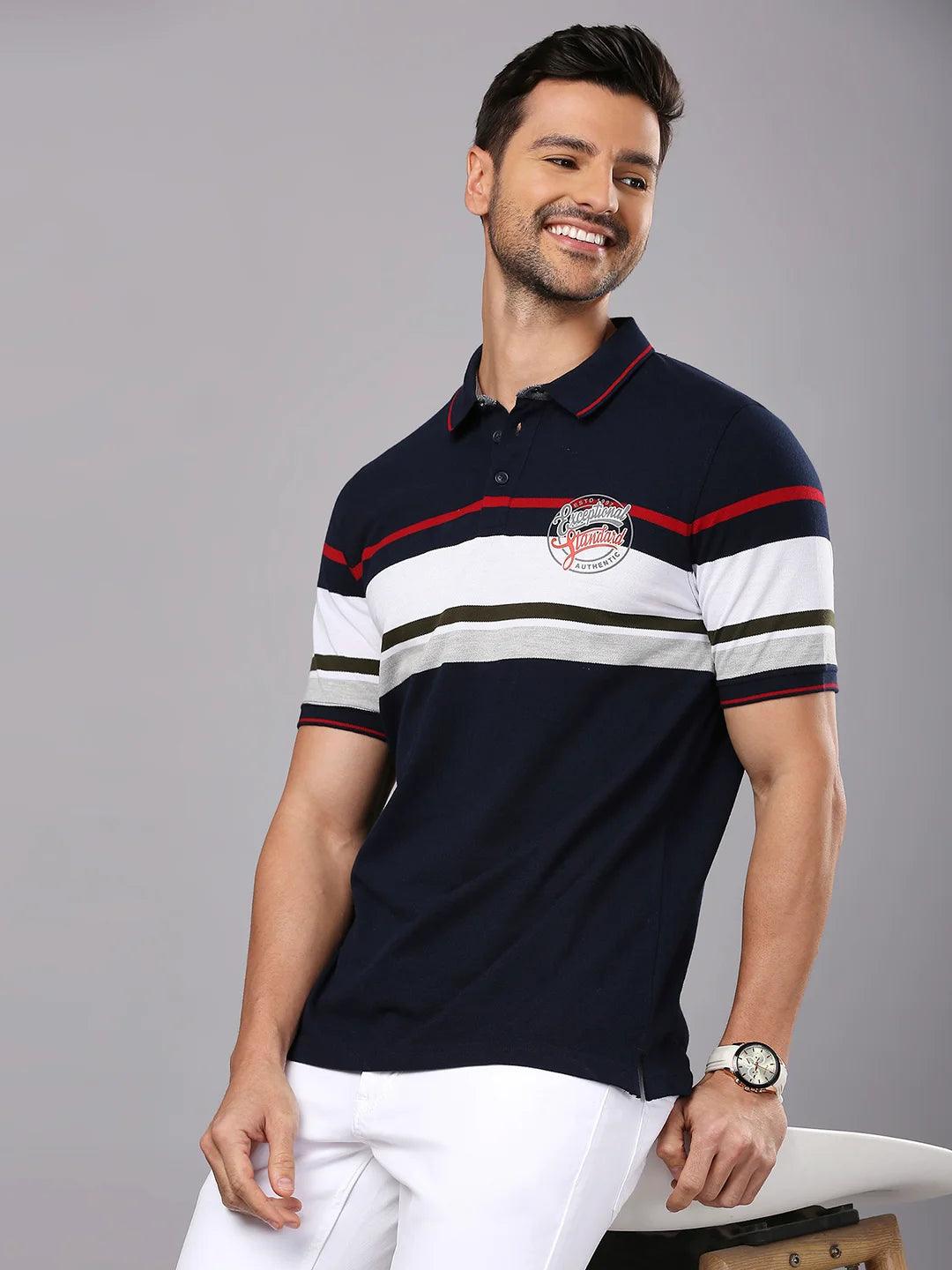 Navy Red Striped Polo Regular H/S T-Shirt