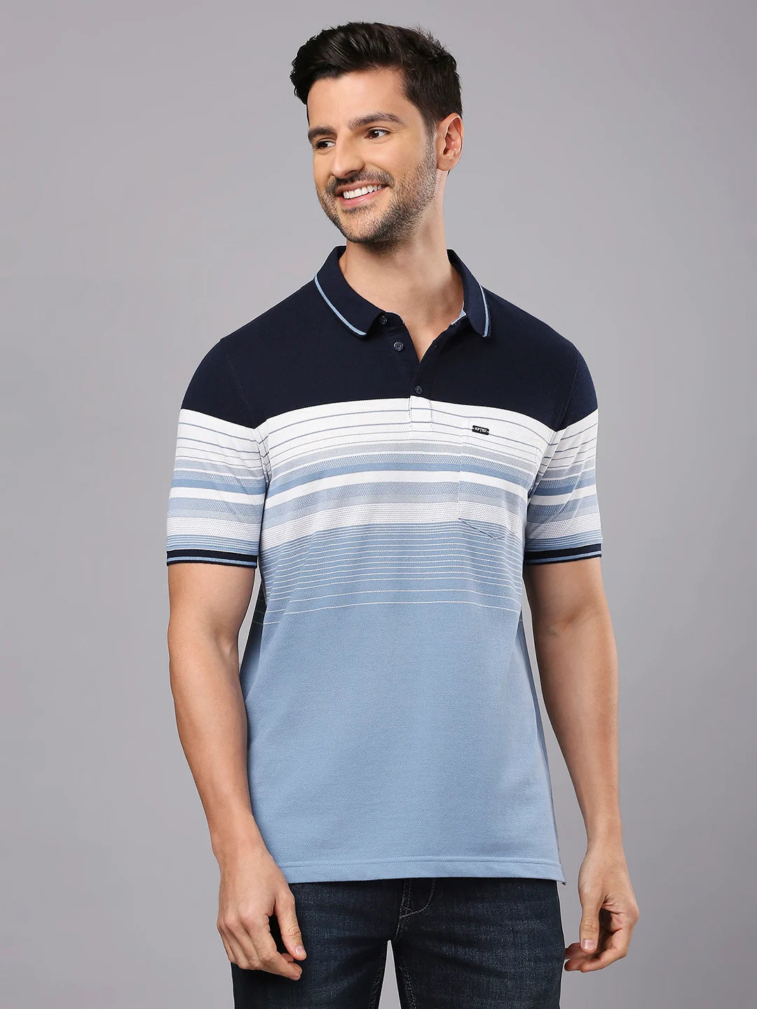 Navy White Striped Polo Regular H/S T-Shirt