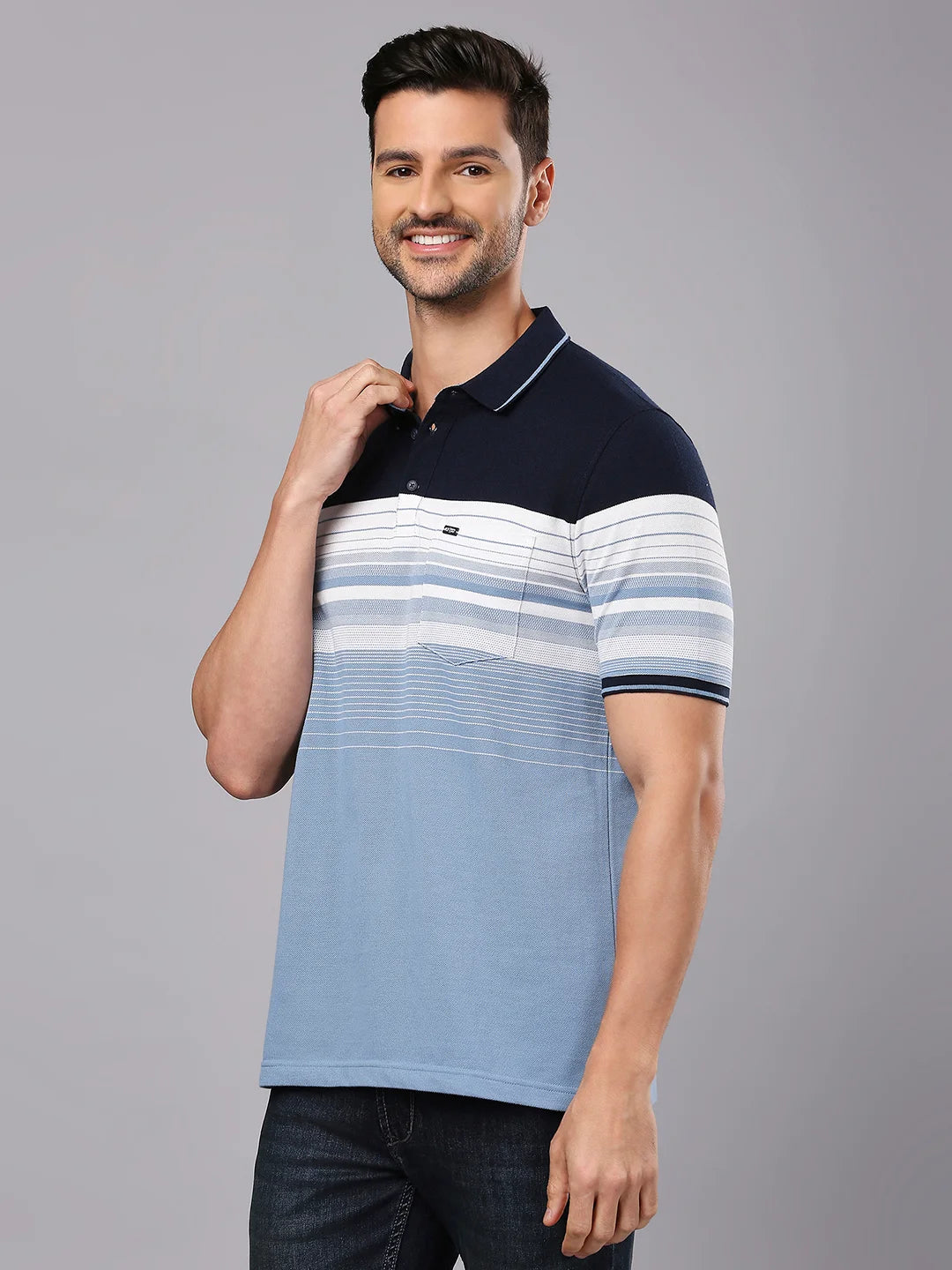 Navy White Striped Polo Regular H/S T-Shirt