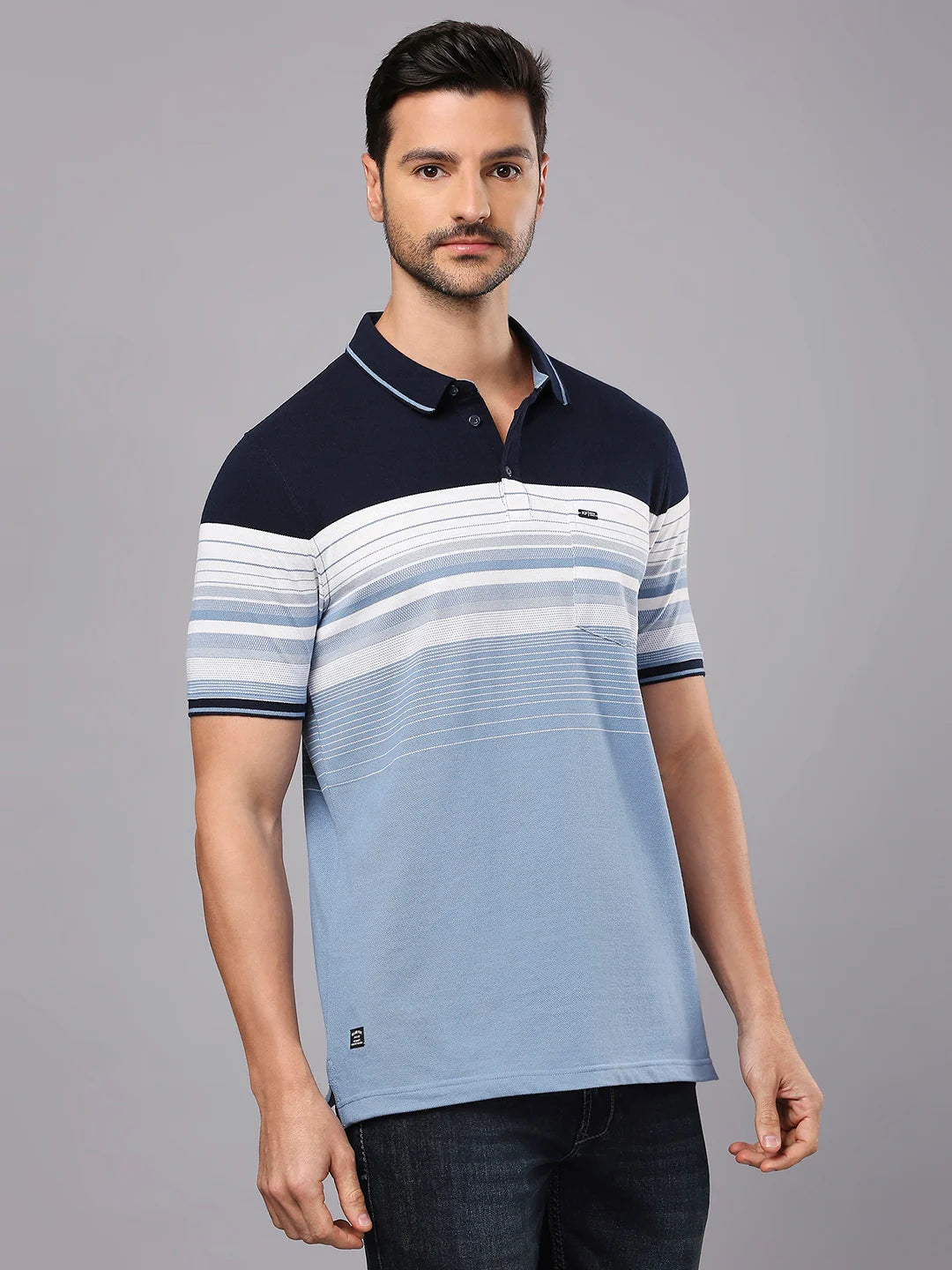 Navy White Striped Polo Regular H/S T-Shirt