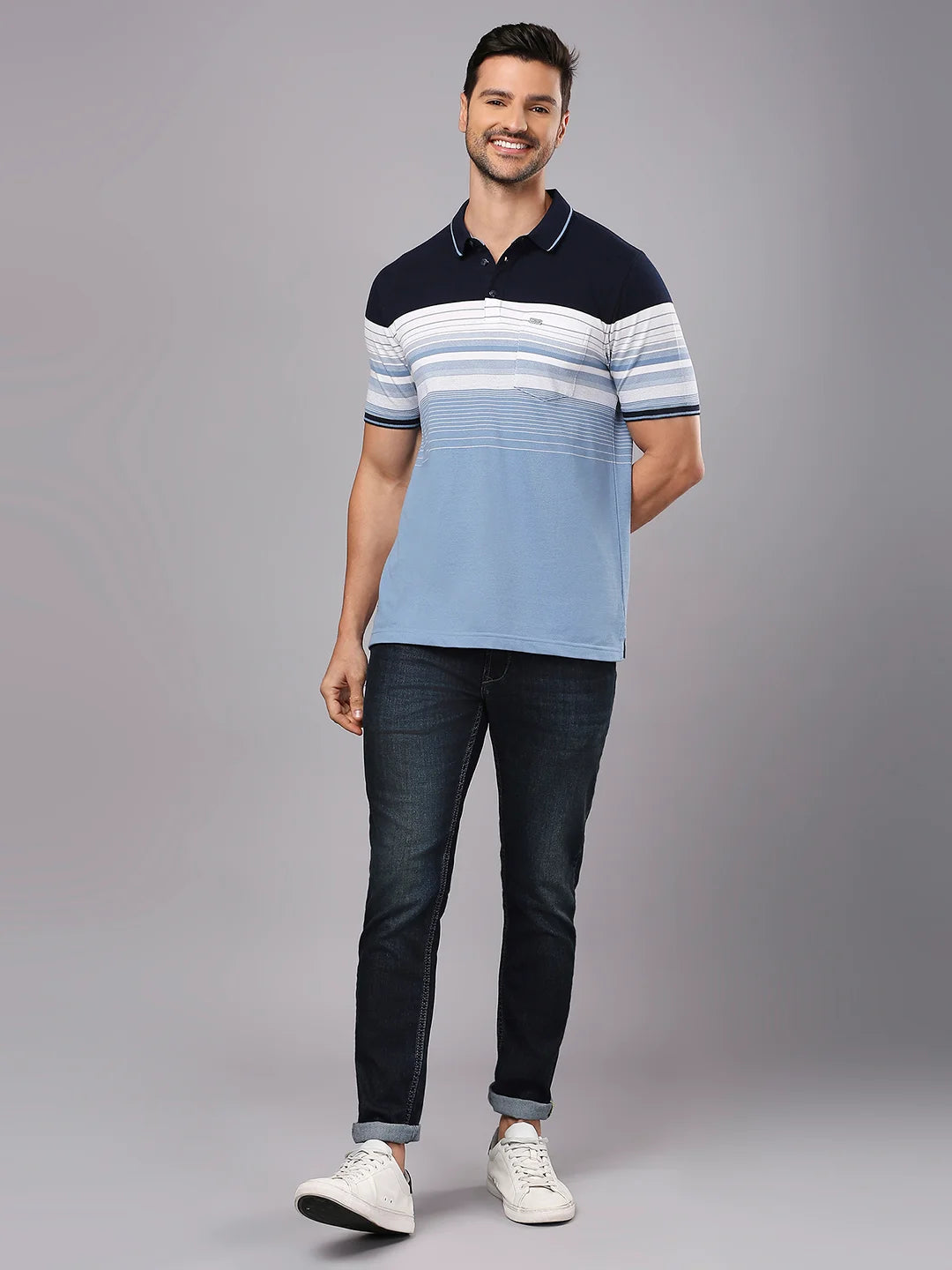 Navy White Striped Polo Regular H/S T-Shirt