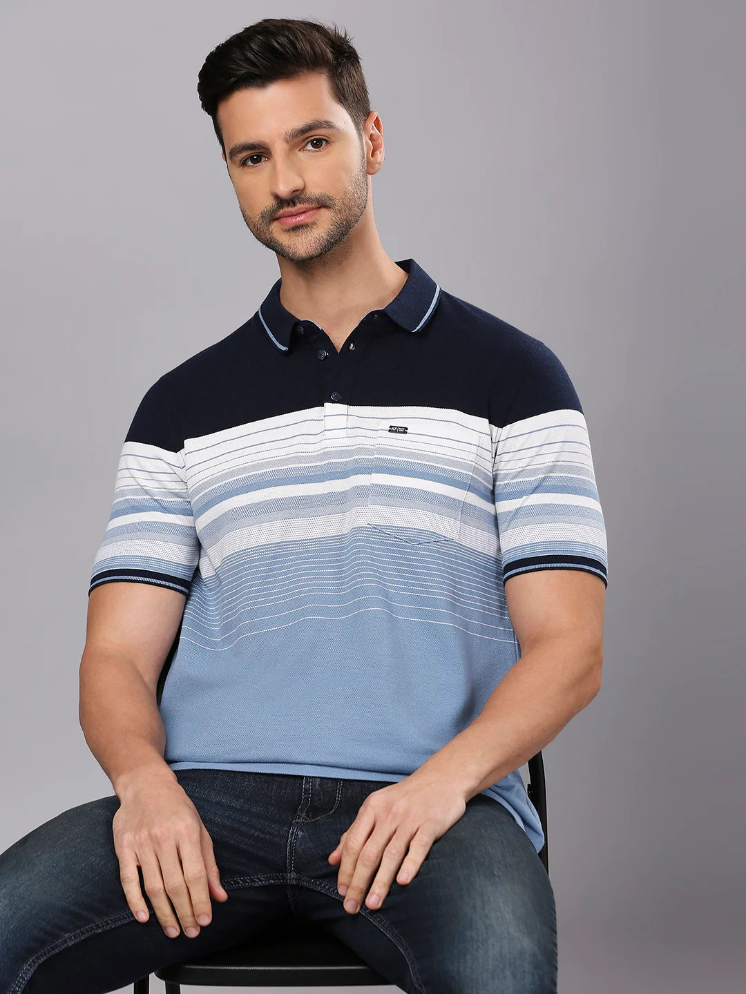 Navy White Striped Polo Regular H/S T-Shirt