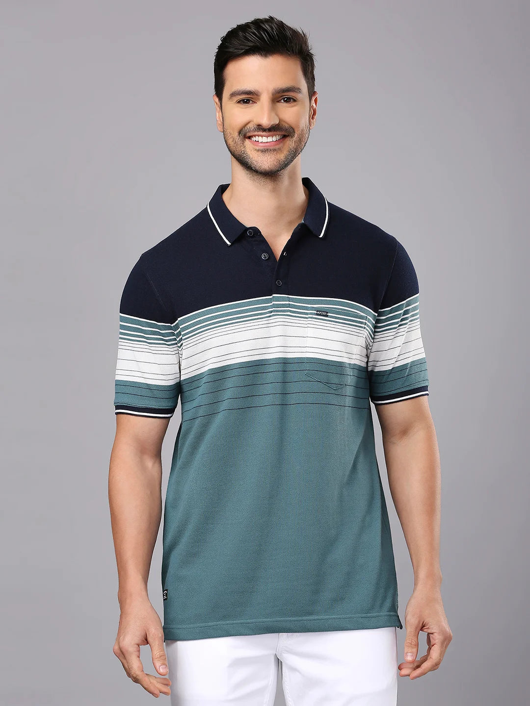 Dusty Green Striped Polo Regular H/S T-Shirt