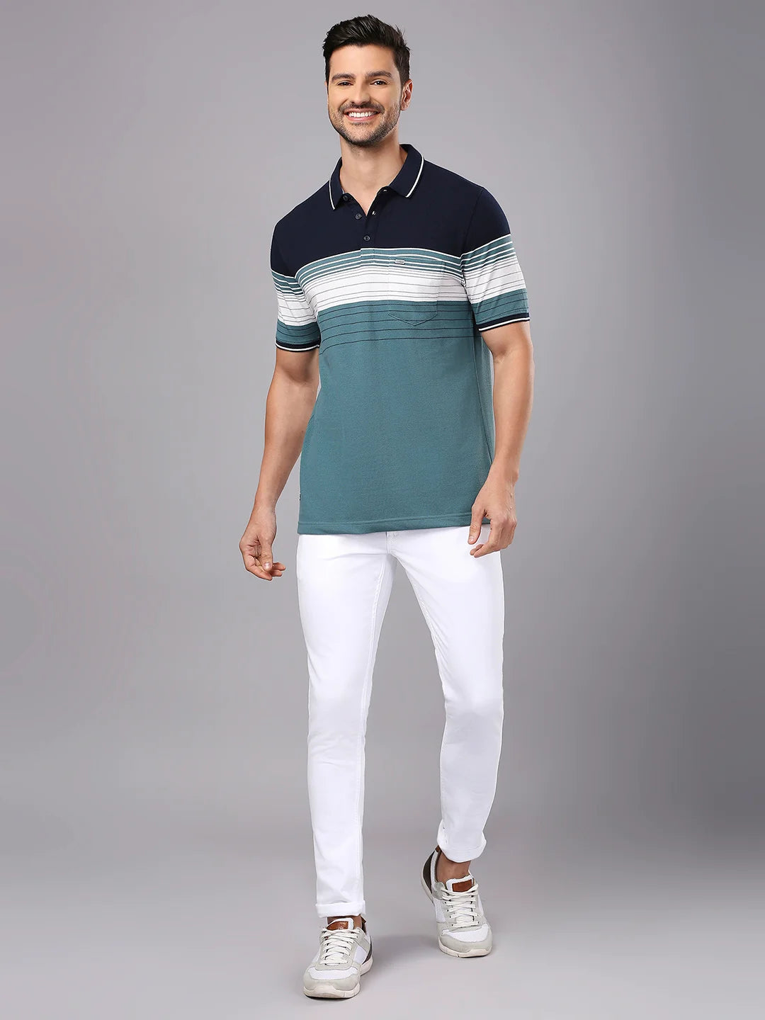 Dusty Green Striped Polo Regular H/S T-Shirt