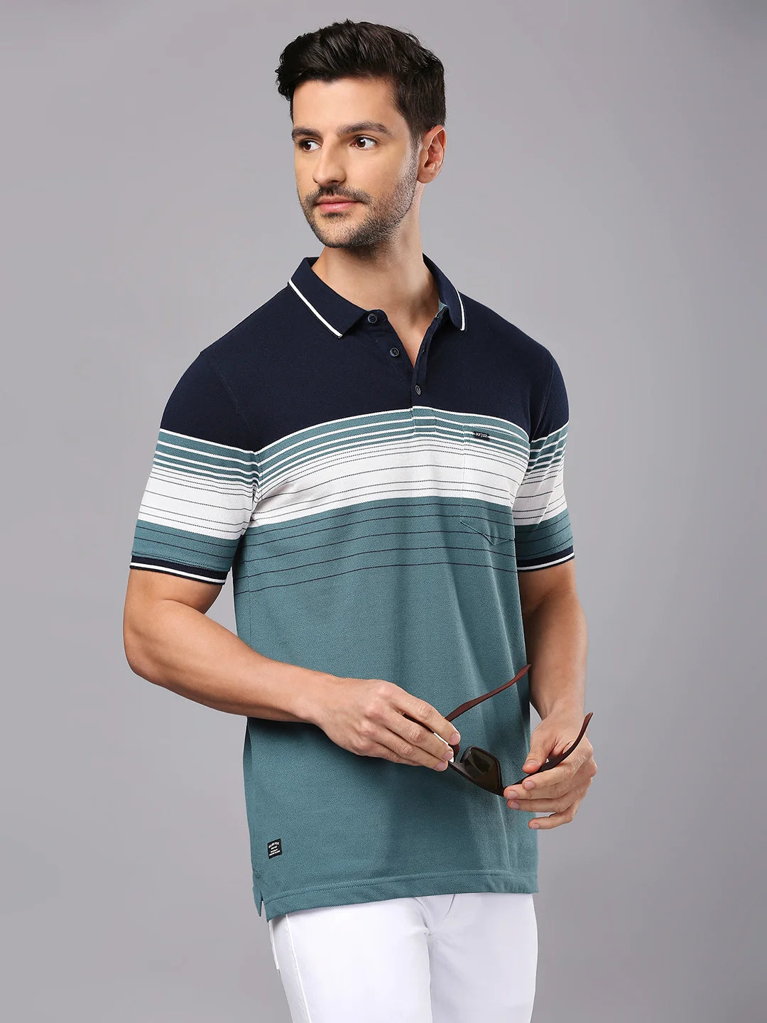 Dusty Green Striped Polo Regular H/S T-Shirt