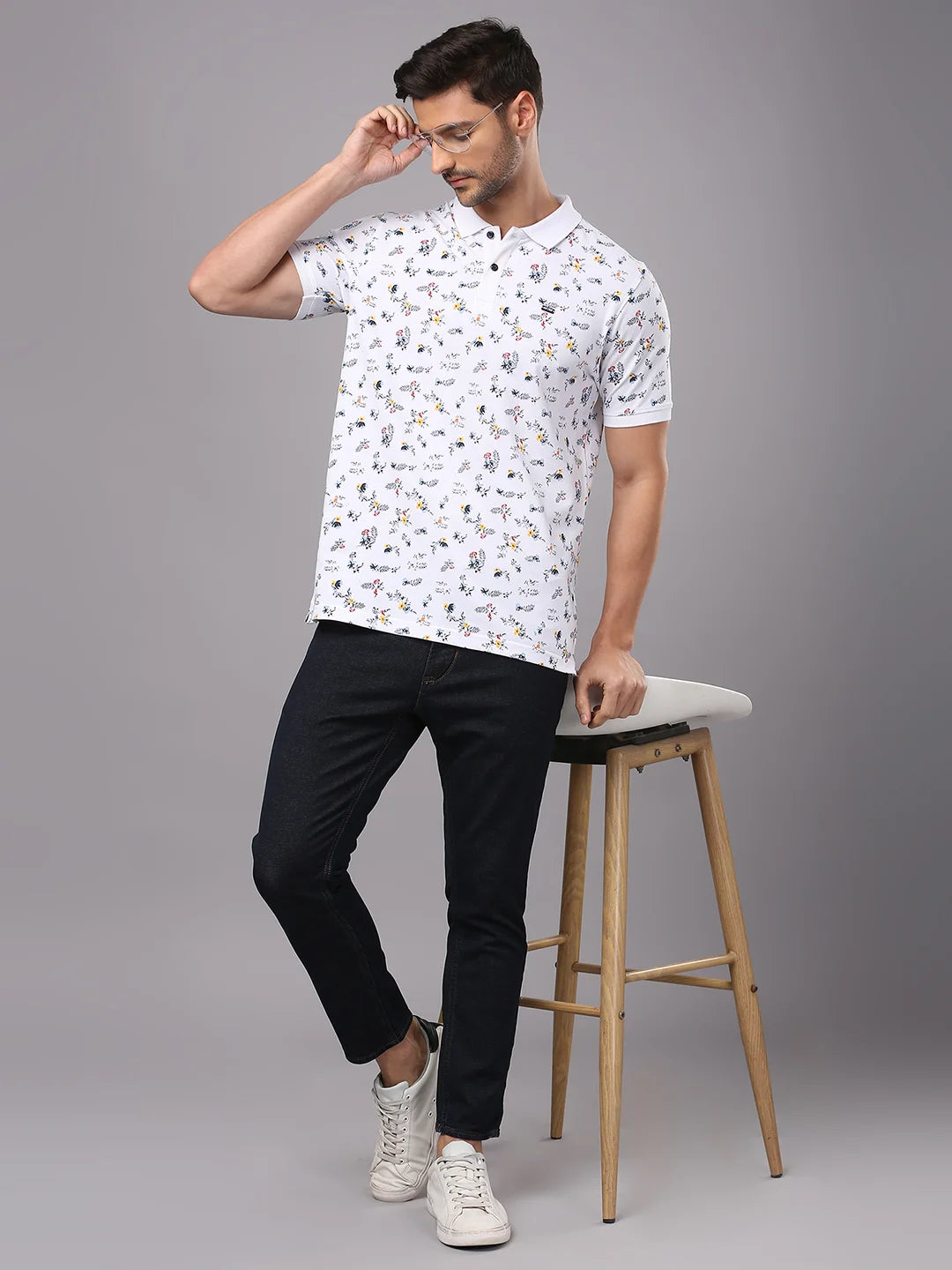 White Printed Polo Regular H/S T-Shirt