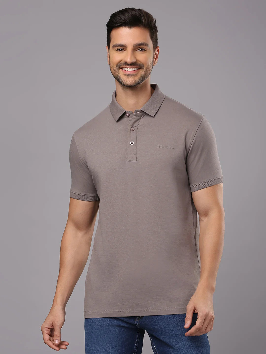 Grey Solid Polo Regular H/S T-Shirt