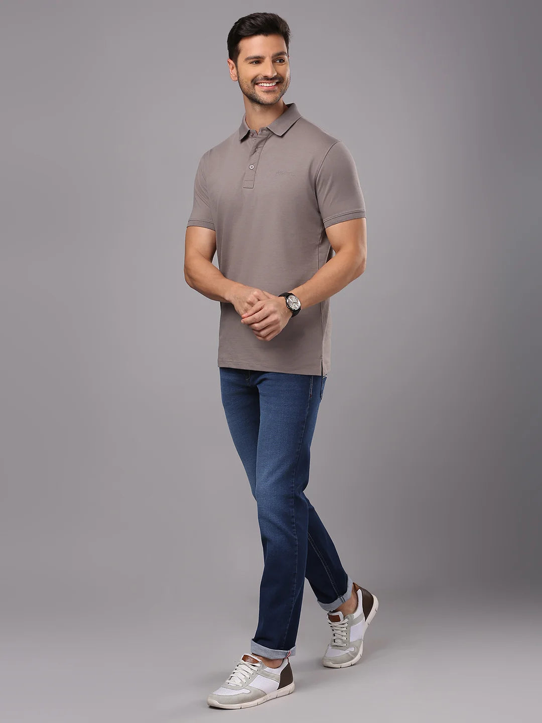 Grey Solid Polo Regular H/S T-Shirt