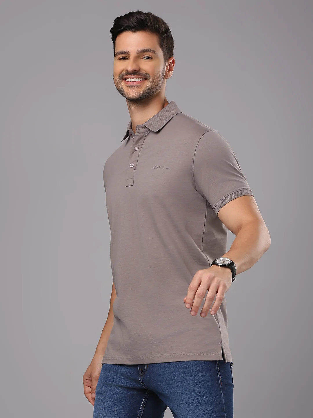 Grey Solid Polo Regular H/S T-Shirt