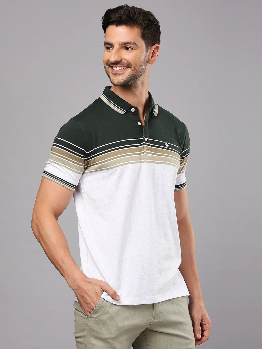 Green Striped Polo Regular H/S T-Shirt