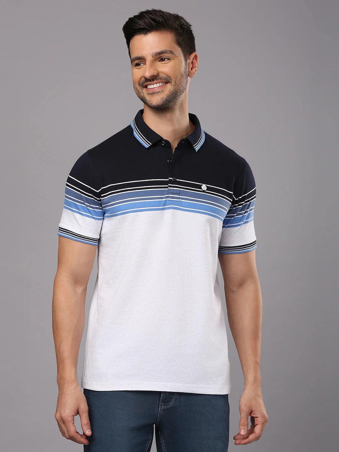 Navy White Striped Polo Regular H/S T-Shirt