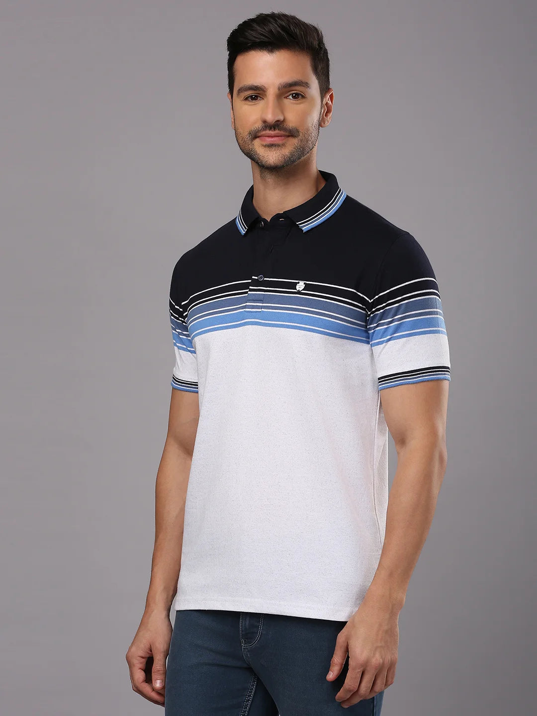 Navy White Striped Polo Regular H/S T-Shirt