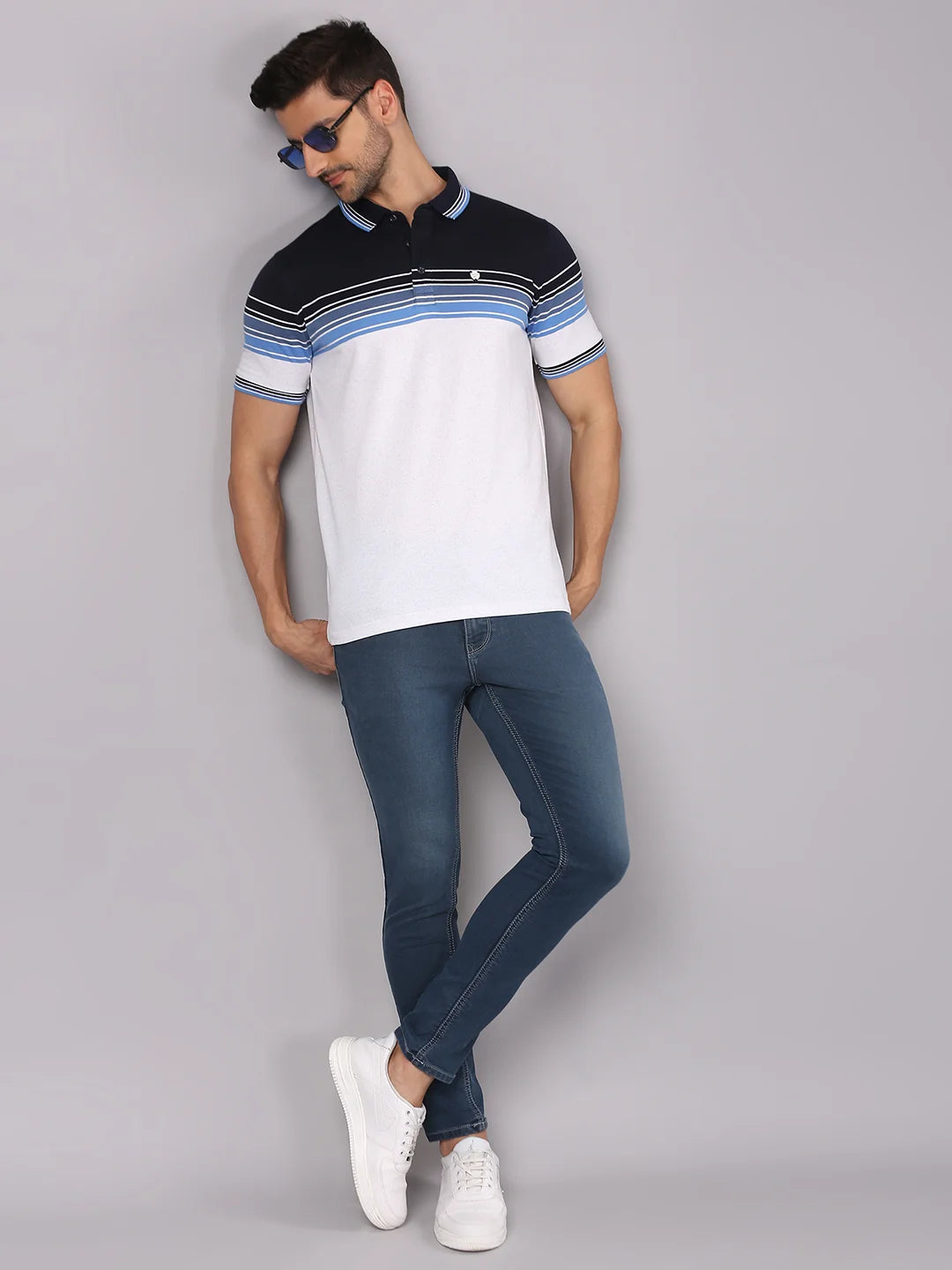 Navy White Striped Polo Regular H/S T-Shirt