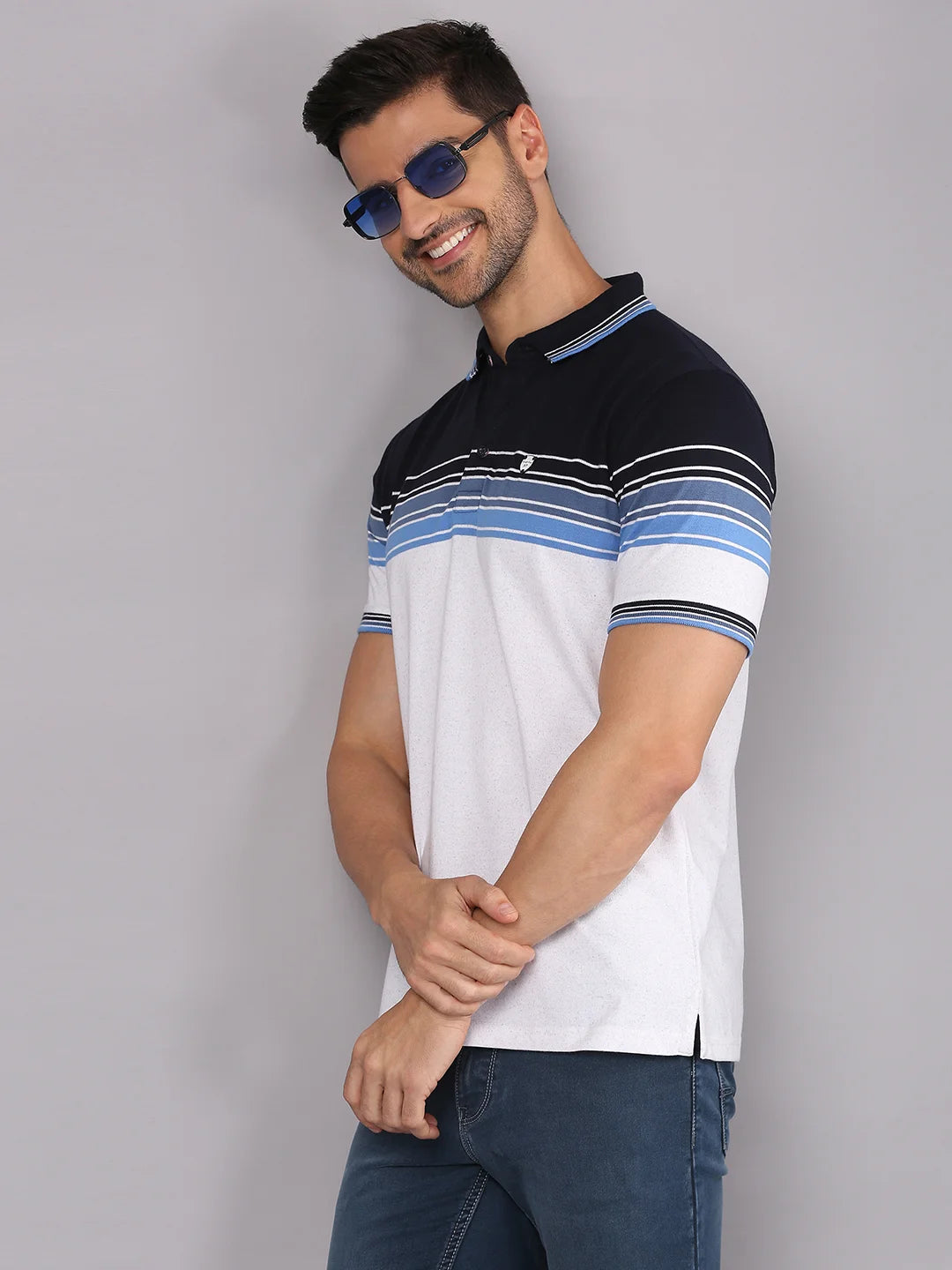 Navy White Striped Polo Regular H/S T-Shirt