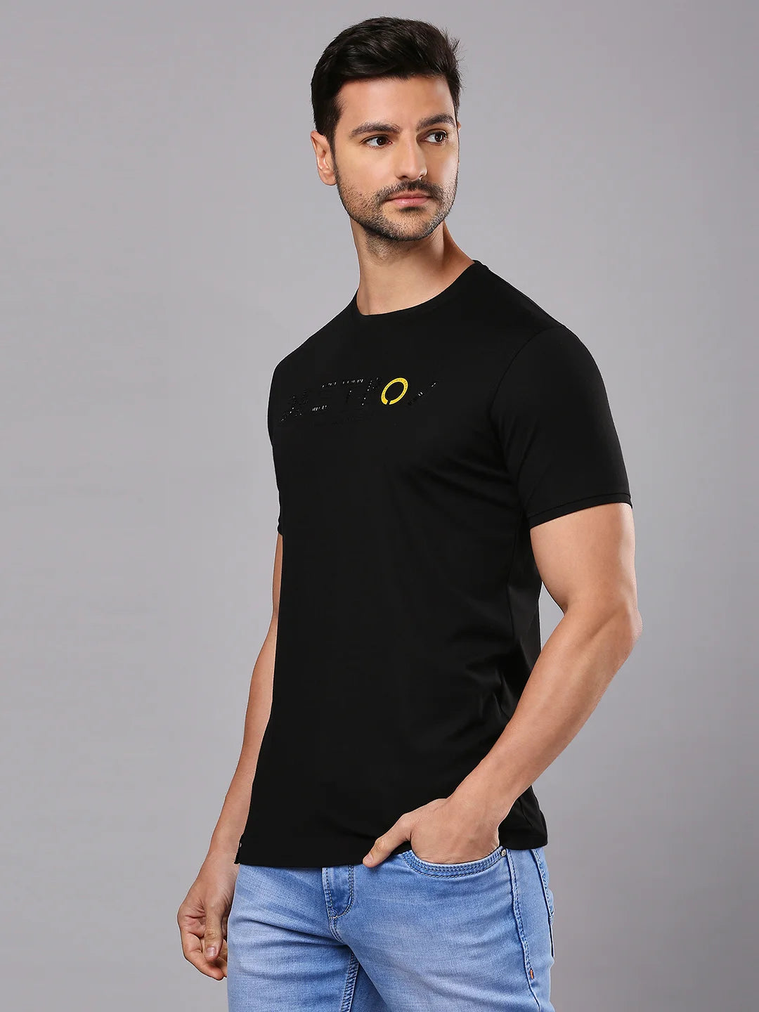 Black Printed Round Regular H/S T-Shirt