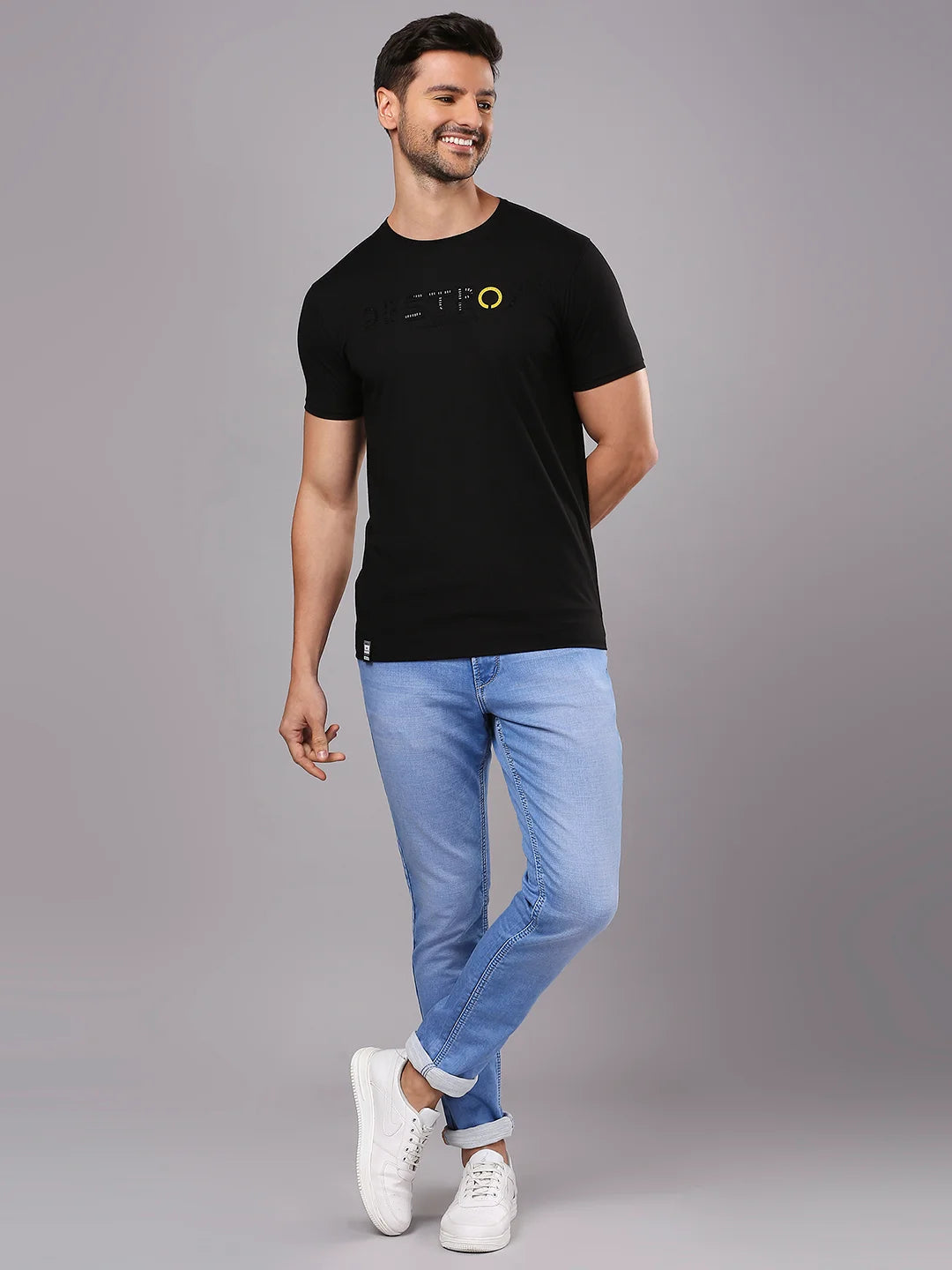 Black Printed Round Regular H/S T-Shirt