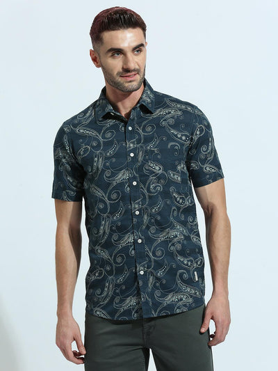 Peacock Blue Printed Shirt