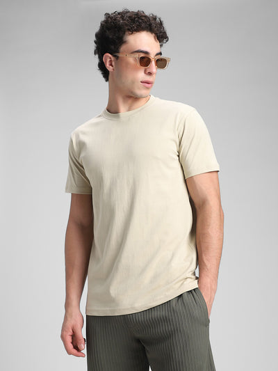 Beige Solid Crew T-Shirt