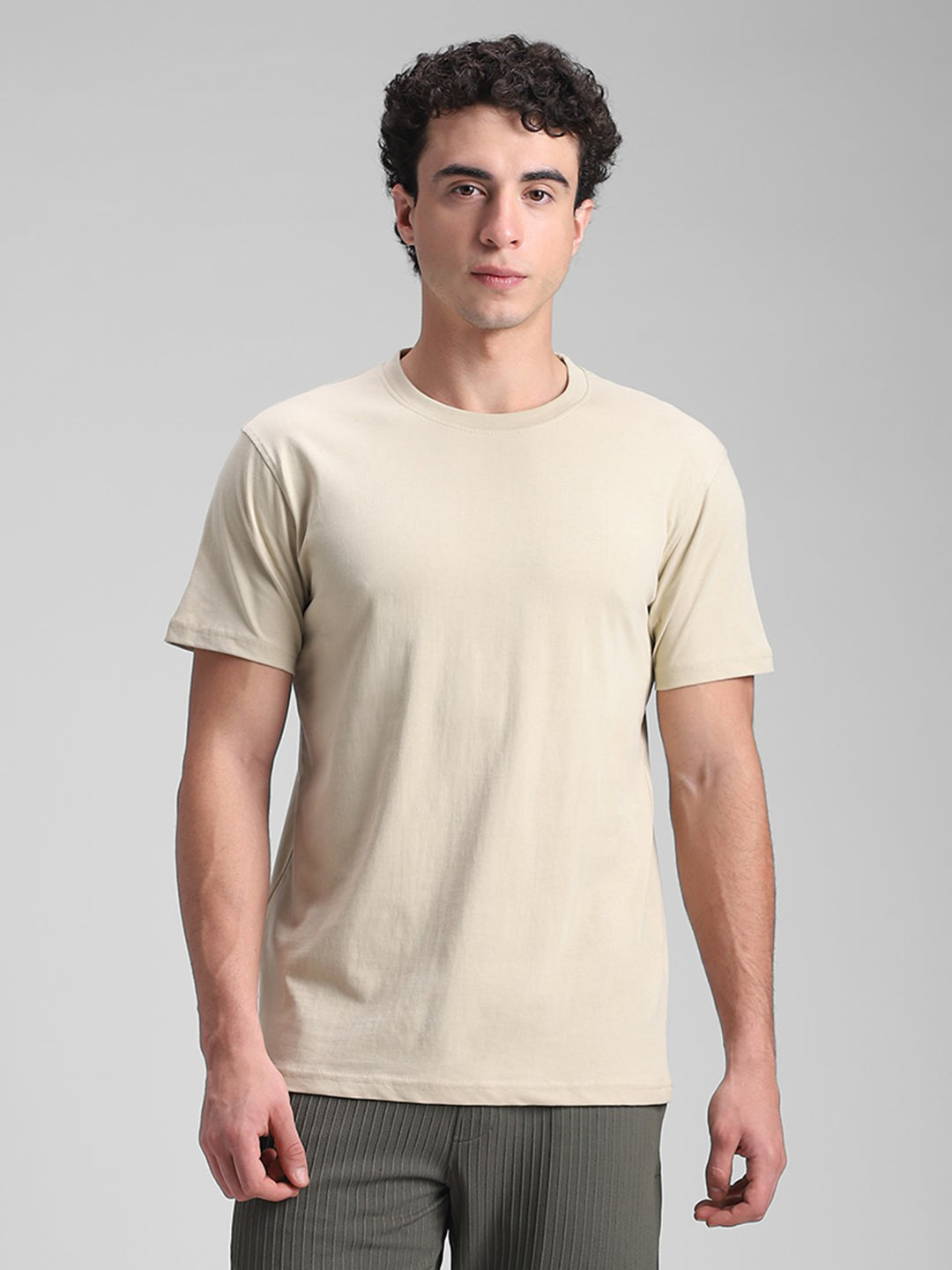 Beige Solid Crew T-Shirt