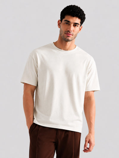 Off White Solid Crew Neck T-Shirt