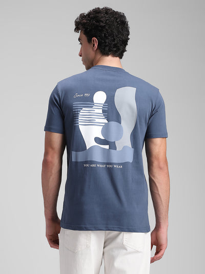 Teal Blue Printed Backprint Crew T-Shirt